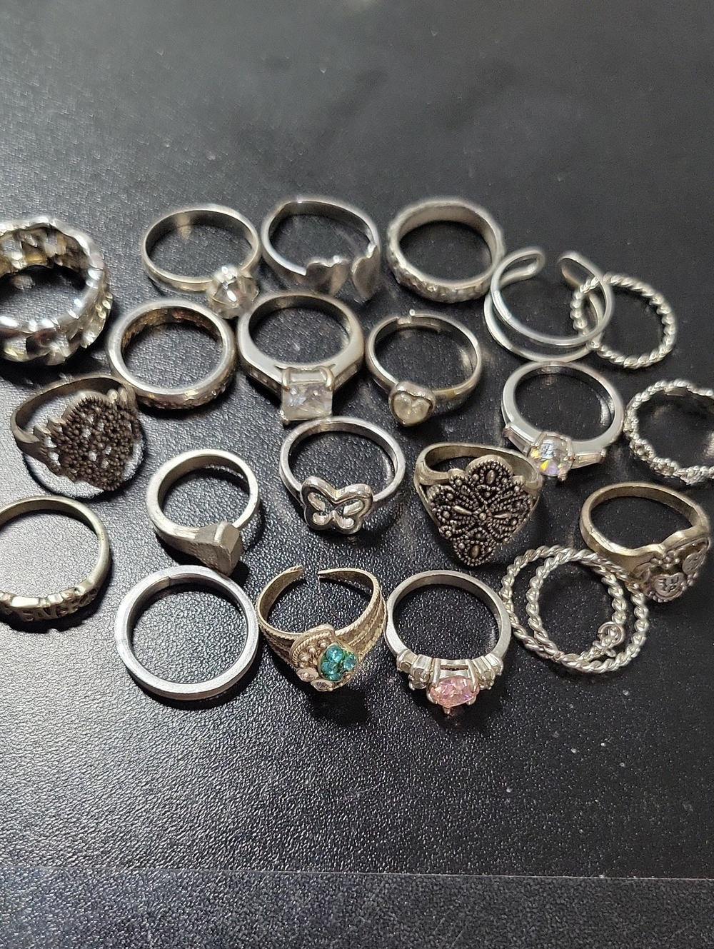 Silver-Tone Women's Ring Set with Pink and Green Accents